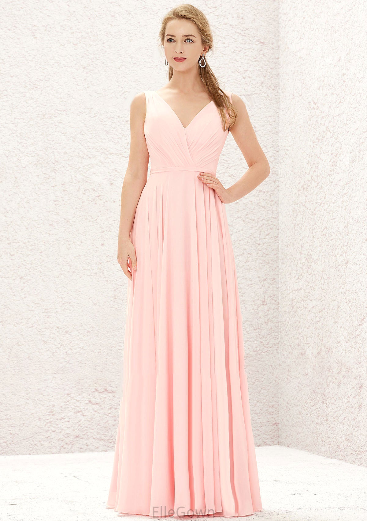 A-line V Neck Sleeveless Chiffon Long/Floor-Length Bridesmaid Dresses With Pleated Mary DEP0025637