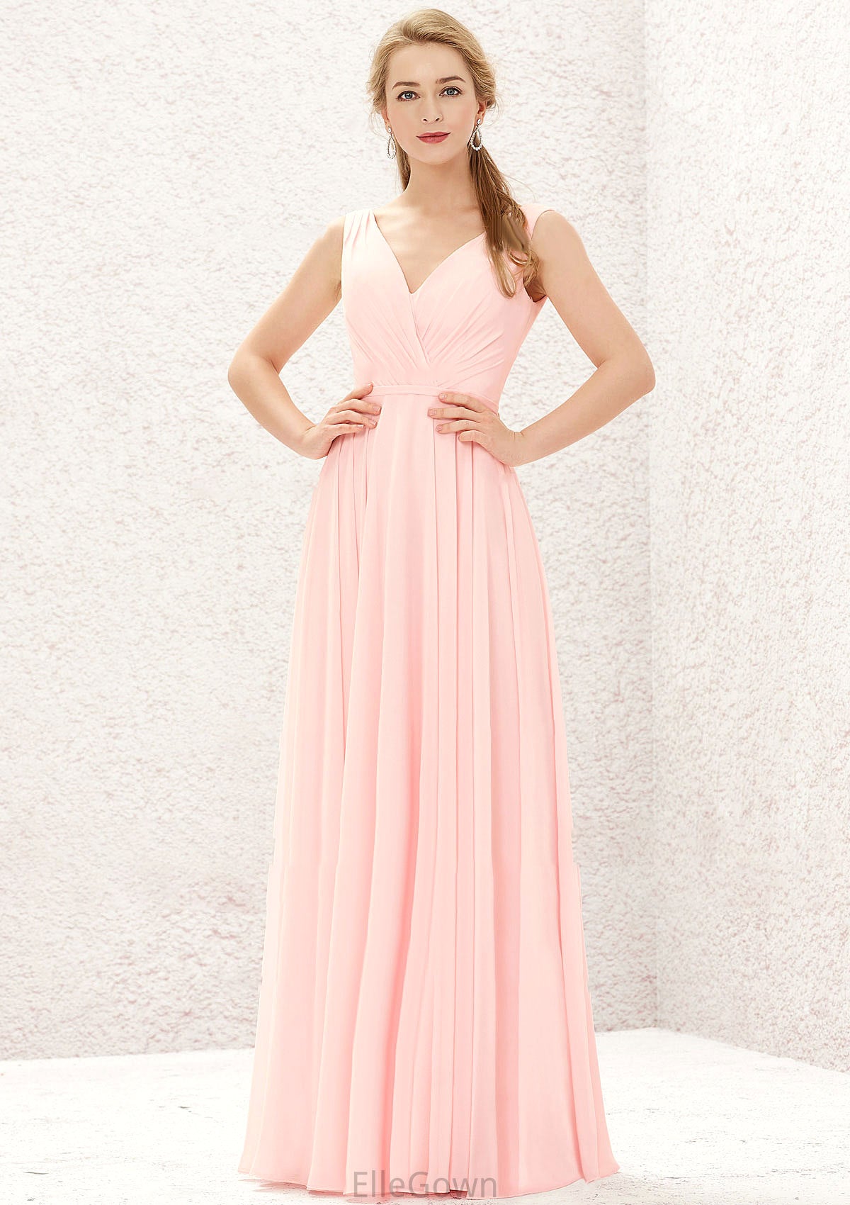 A-line V Neck Sleeveless Chiffon Long/Floor-Length Bridesmaid Dresses With Pleated Mary DEP0025637