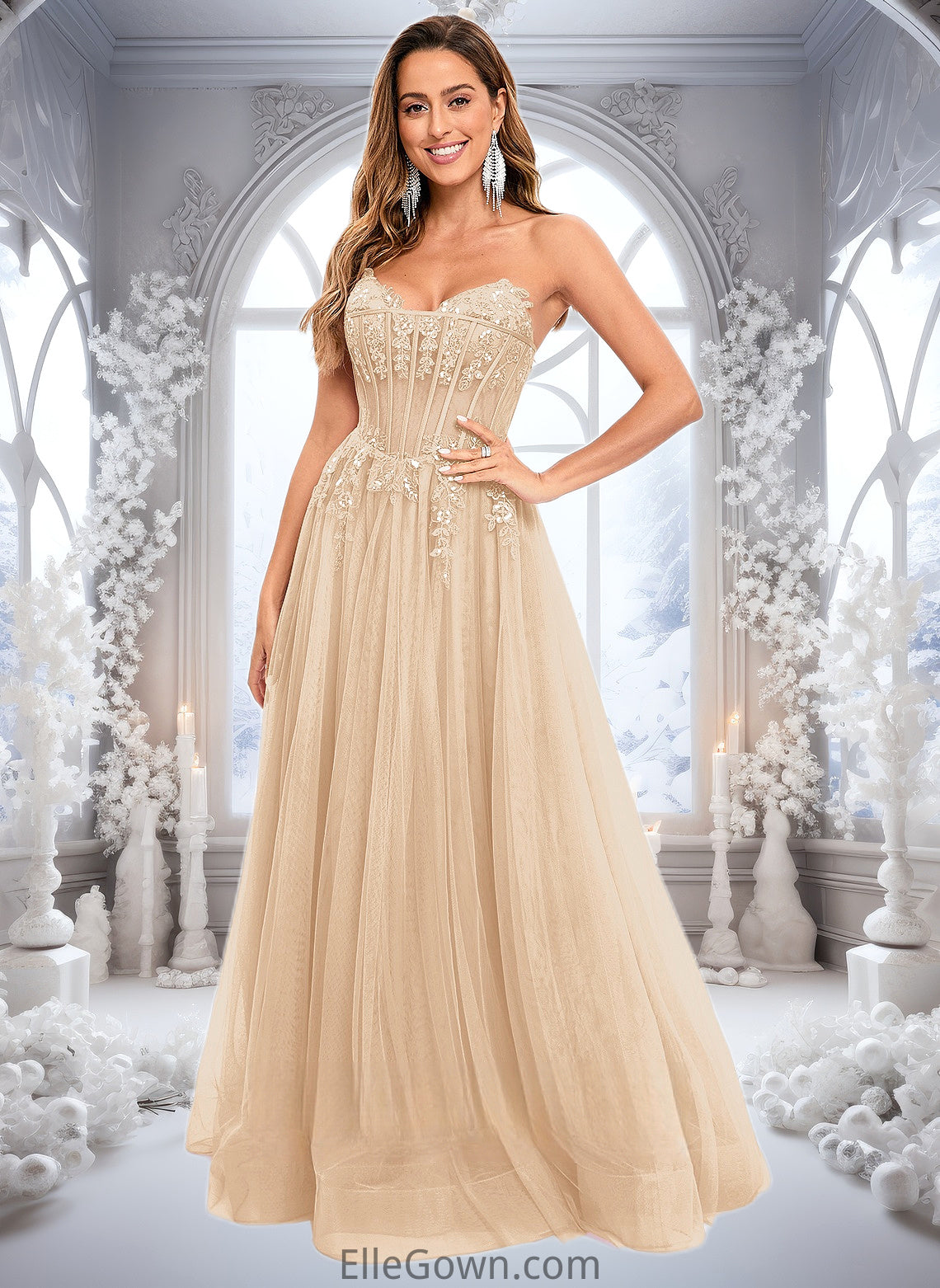 Maeve Ball-Gown/Princess V-Neck Floor-Length Tulle Prom Dresses With Sequins Appliques Lace DEP0025837