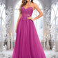 Maeve Ball-Gown/Princess V-Neck Floor-Length Tulle Prom Dresses With Sequins Appliques Lace DEP0025837