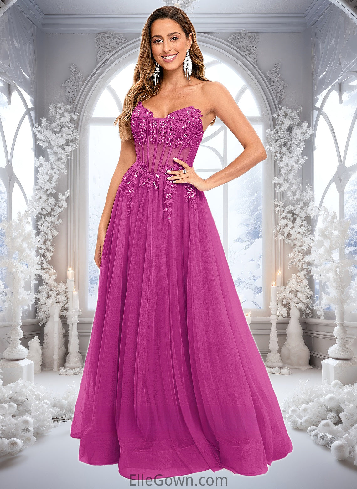 Maeve Ball-Gown/Princess V-Neck Floor-Length Tulle Prom Dresses With Sequins Appliques Lace DEP0025837