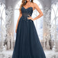 Maeve Ball-Gown/Princess V-Neck Floor-Length Tulle Prom Dresses With Sequins Appliques Lace DEP0025837