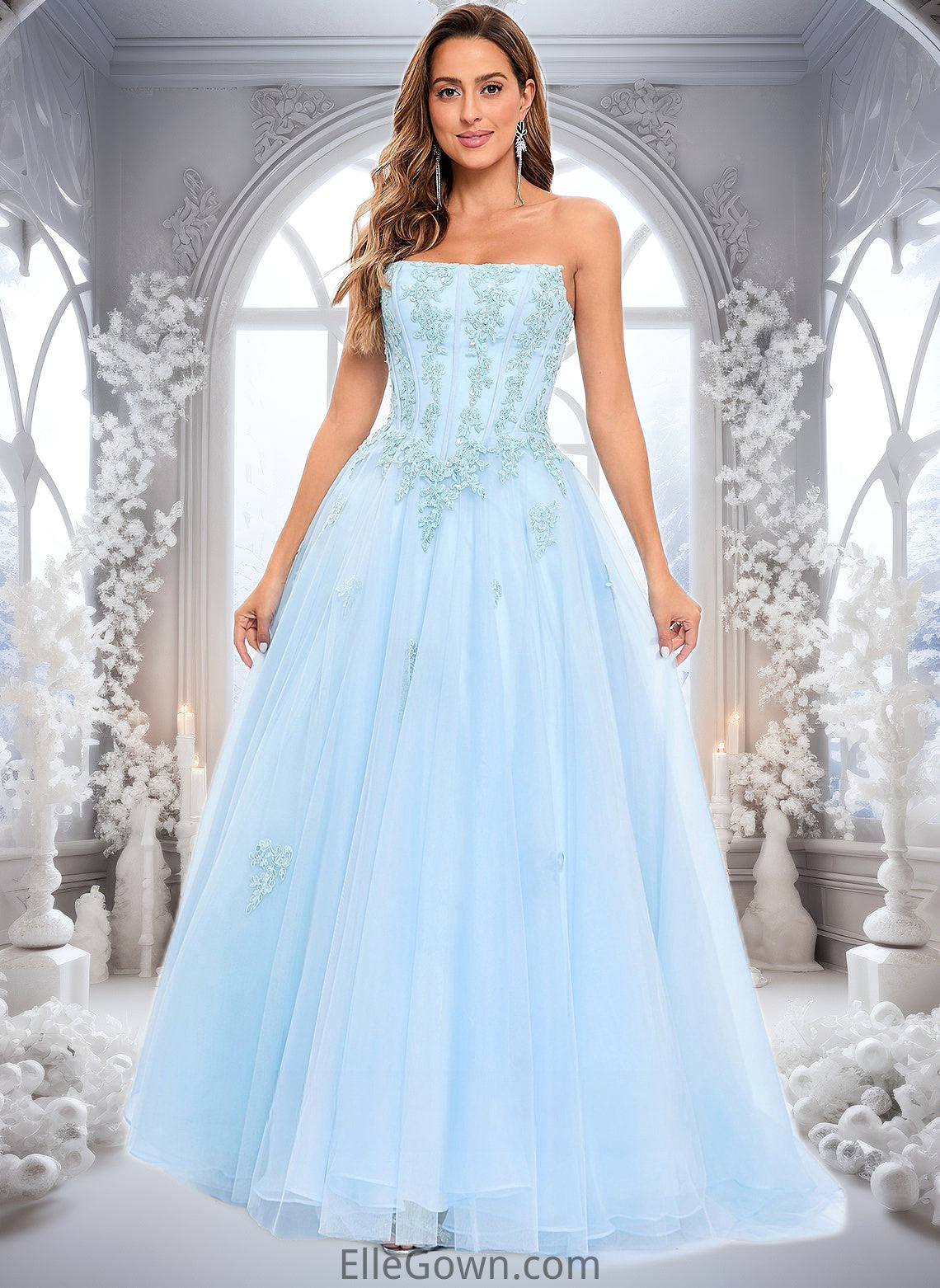 Olga Ball-Gown/Princess Straight Sweep Train Tulle Prom Dresses With Sequins Appliques Lace DEP0025864