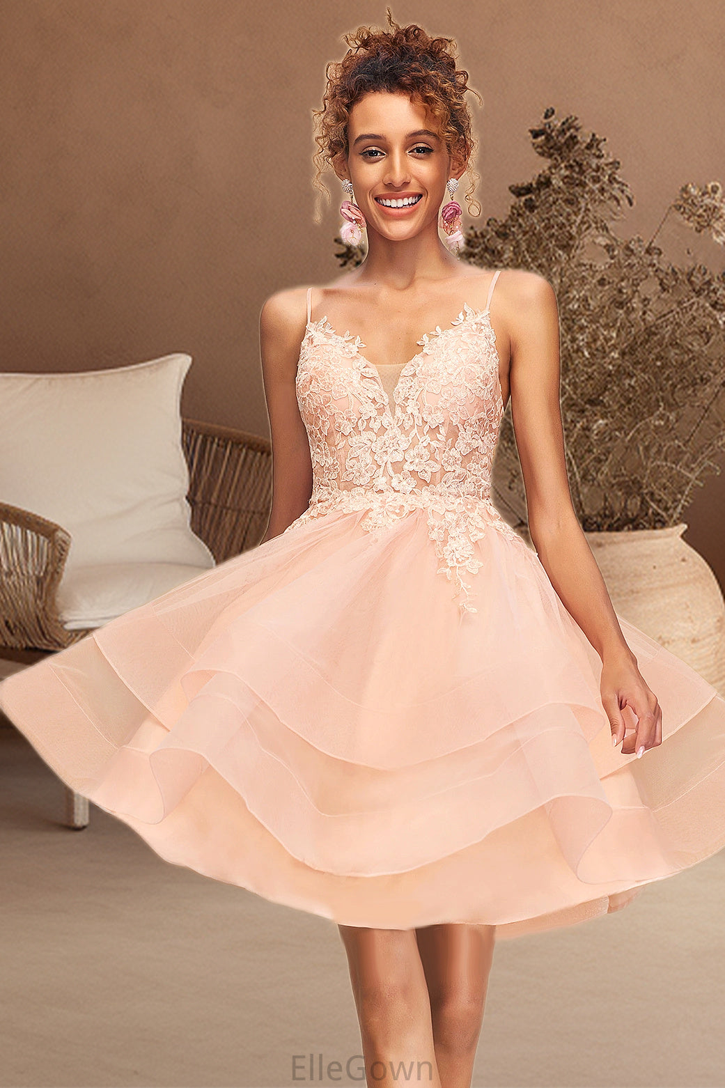 Trudie A-line V-Neck Short/Mini Lace Tulle Homecoming Dress DEP0020524