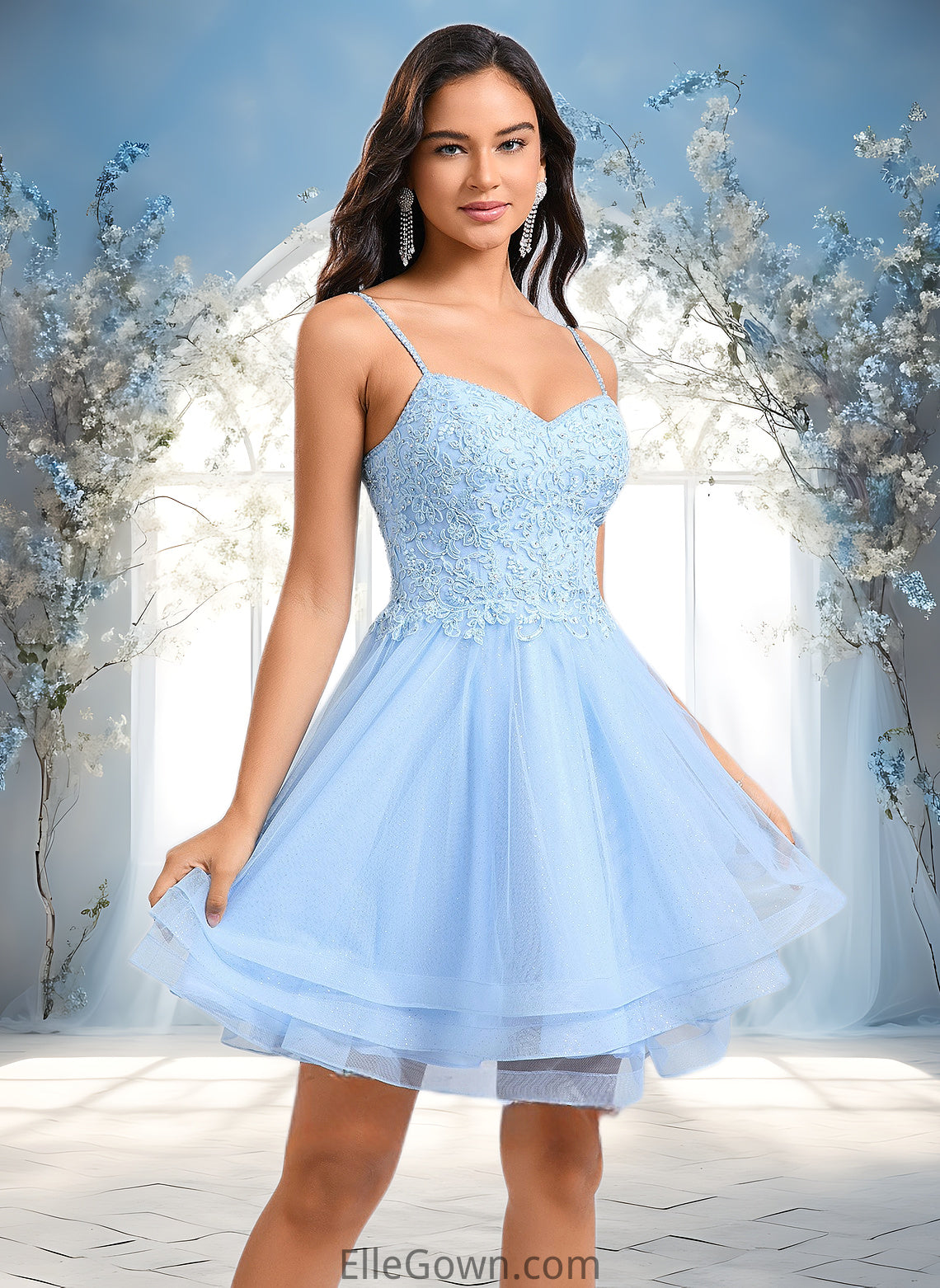 Mildred A-line V-Neck Short Lace Tulle Homecoming Dress With Rhinestone Sequins DEP0025658