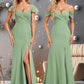 Savanah Trumpet/Mermaid Off the Shoulder V-Neck Floor-Length Chiffon Bridesmaid Dress DEP0025810