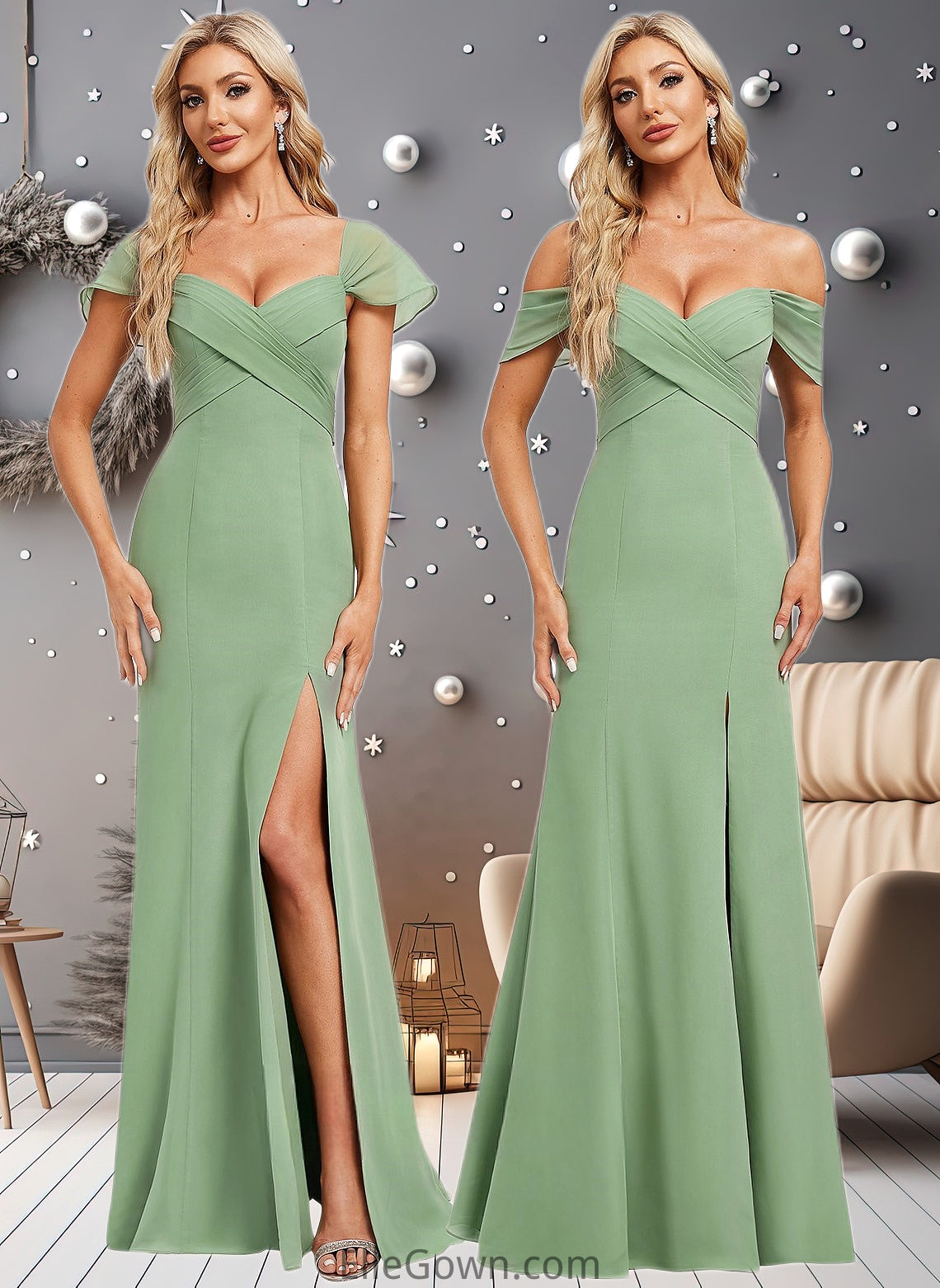 Savanah Trumpet/Mermaid Off the Shoulder V-Neck Floor-Length Chiffon Bridesmaid Dress DEP0025810