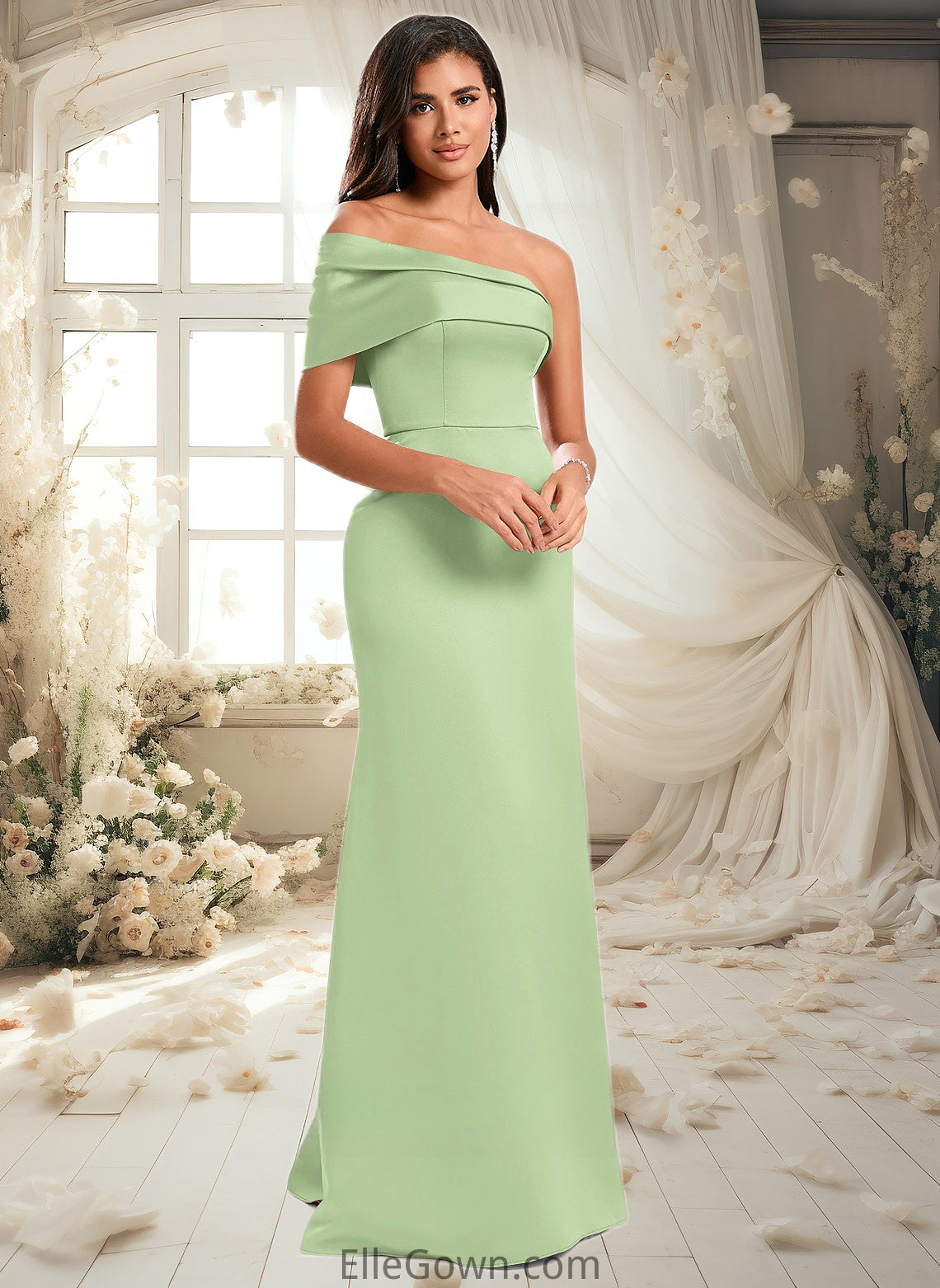 Lillian A-line Asymmetrical Off the Shoulder Floor-Length Satin Prom Dresses DEP0025884