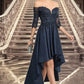 Carla A-line Off the Shoulder Asymmetrical Lace Satin Homecoming Dress With Sequins DEP0020580