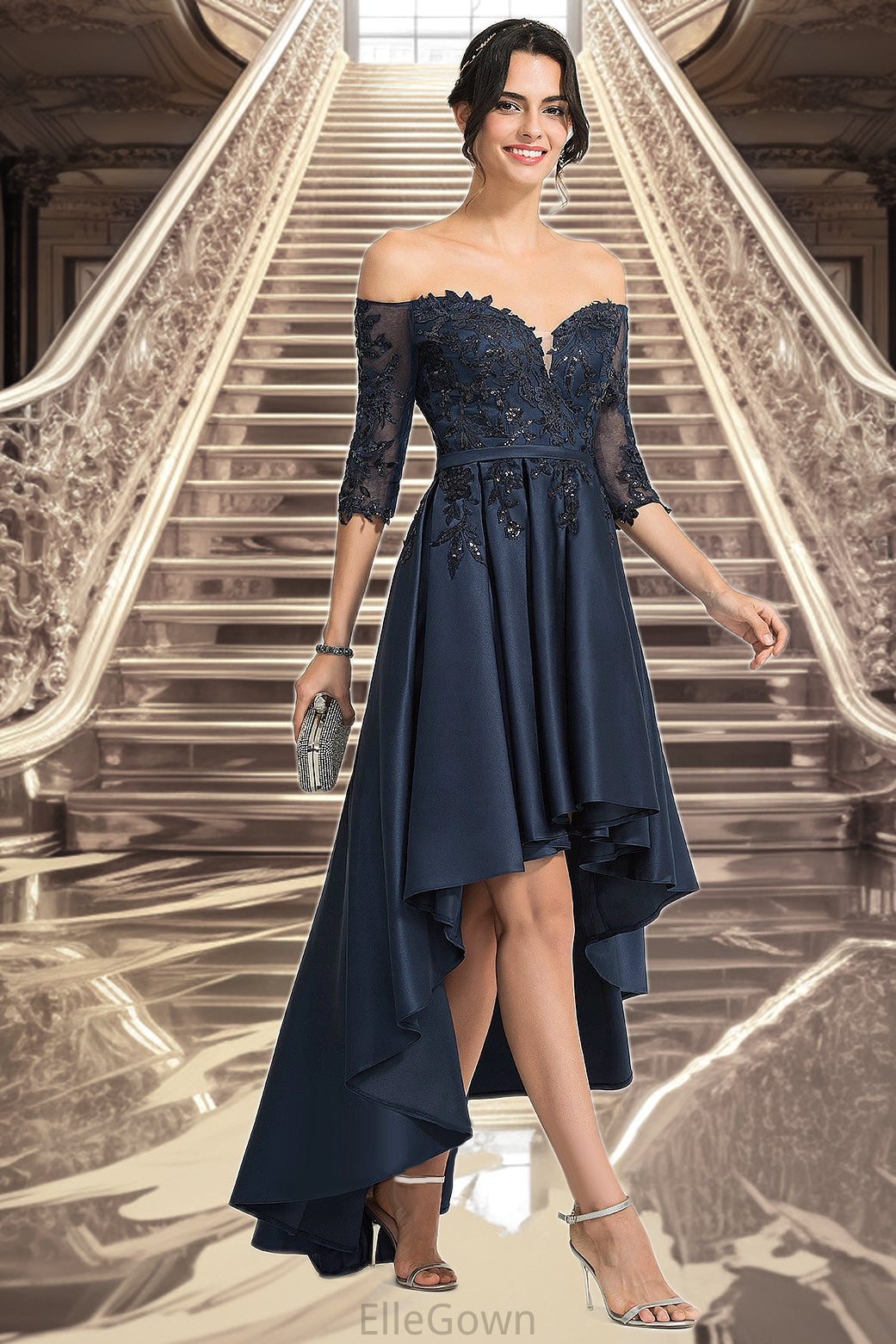 Carla A-line Off the Shoulder Asymmetrical Lace Satin Homecoming Dress With Sequins DEP0020580