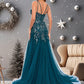 Nell Trumpet/Mermaid V-Neck Sweep Train Tulle Prom Dresses With Sequins Appliques Lace DEP0025853