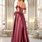 Ciara A-line Off the Shoulder Floor-Length Satin Lace Prom Dresses With Sequins DEP0025841