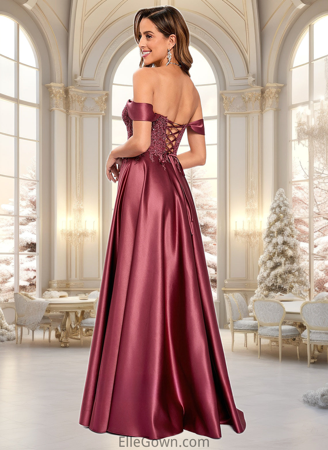 Ciara A-line Off the Shoulder Floor-Length Satin Lace Prom Dresses With Sequins DEP0025841