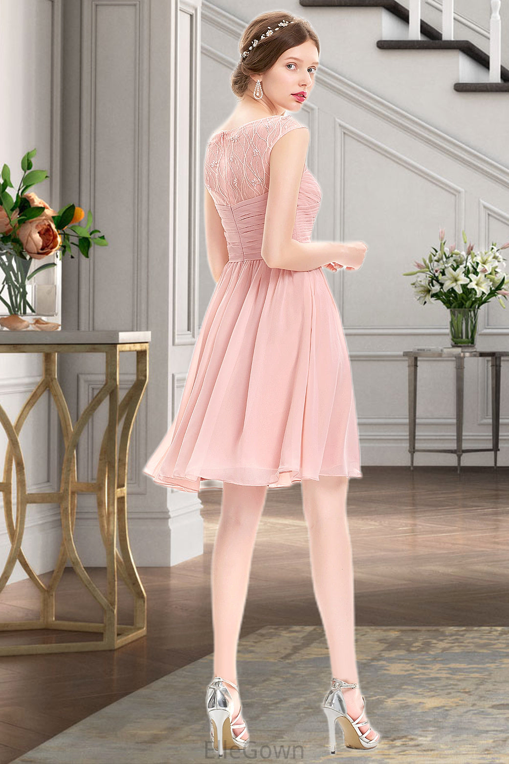 Brooklyn A-line Scoop Knee-Length Chiffon Tulle Homecoming Dress With Beading Ruffle DEP0020594