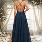 Noelle A-line V-Neck Floor-Length Chiffon Prom Dresses With Pleated DEP0025830