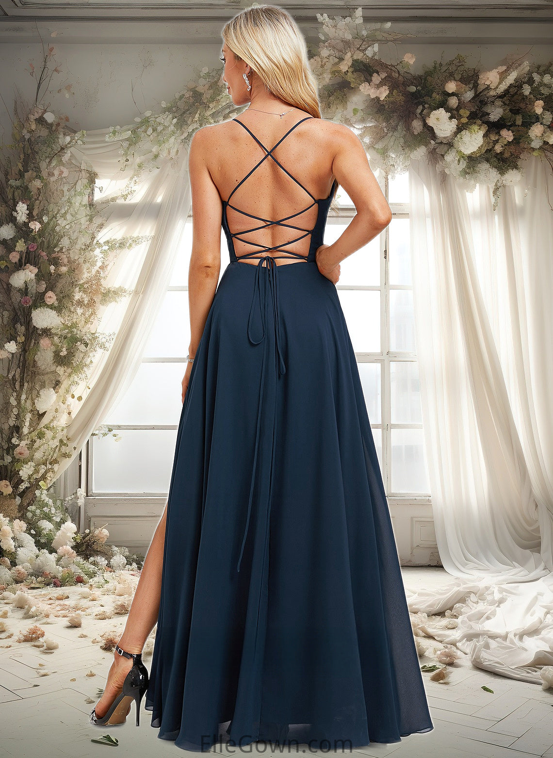 Noelle A-line V-Neck Floor-Length Chiffon Prom Dresses With Pleated DEP0025830