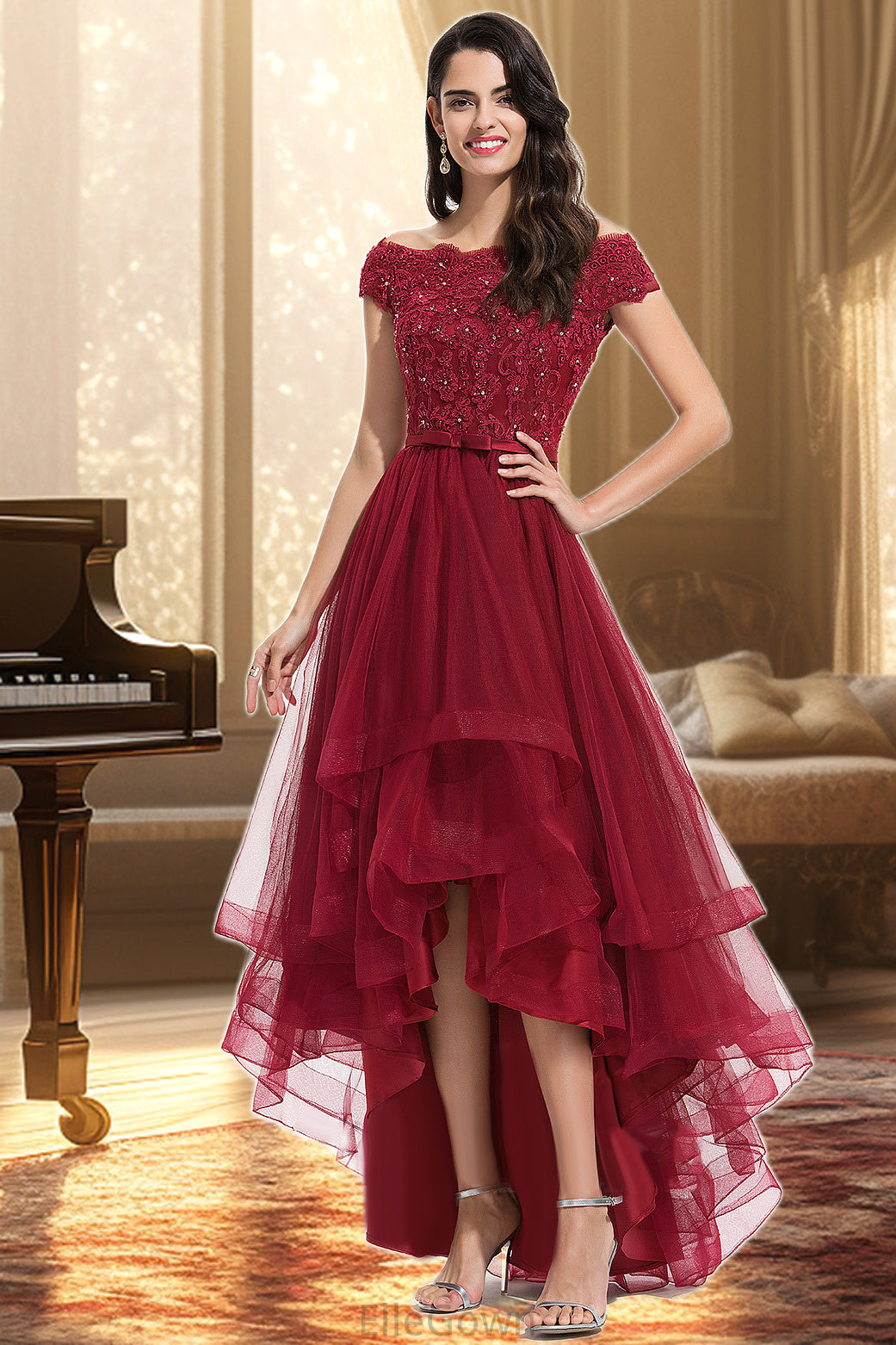 Jaylene A-line Off the Shoulder Asymmetrical Lace Tulle Homecoming Dress With Beading Bow Sequins DEP0020535