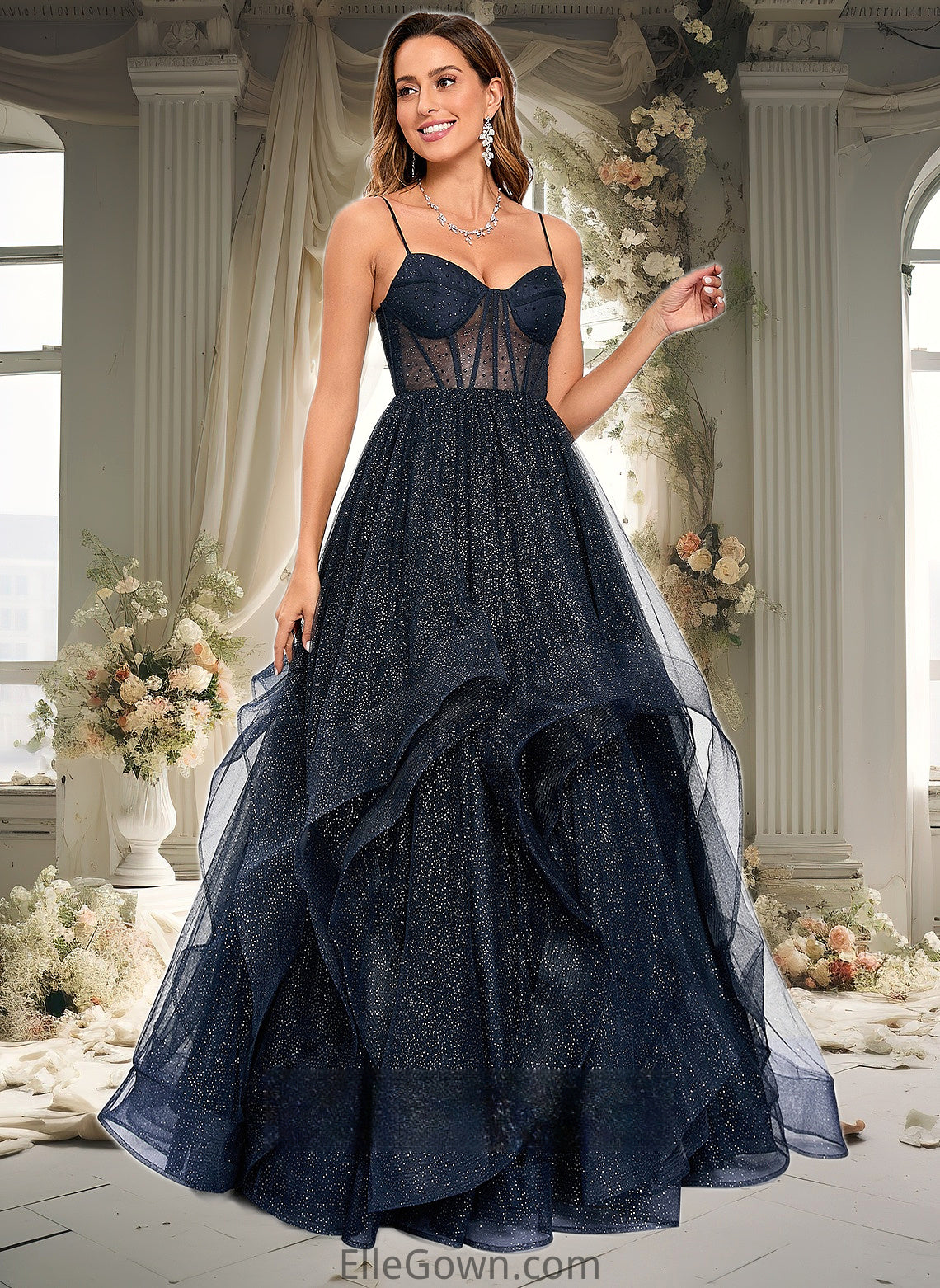 Maryjane Ball-Gown/Princess V-Neck Floor-Length Tulle Prom Dresses DEP0025863