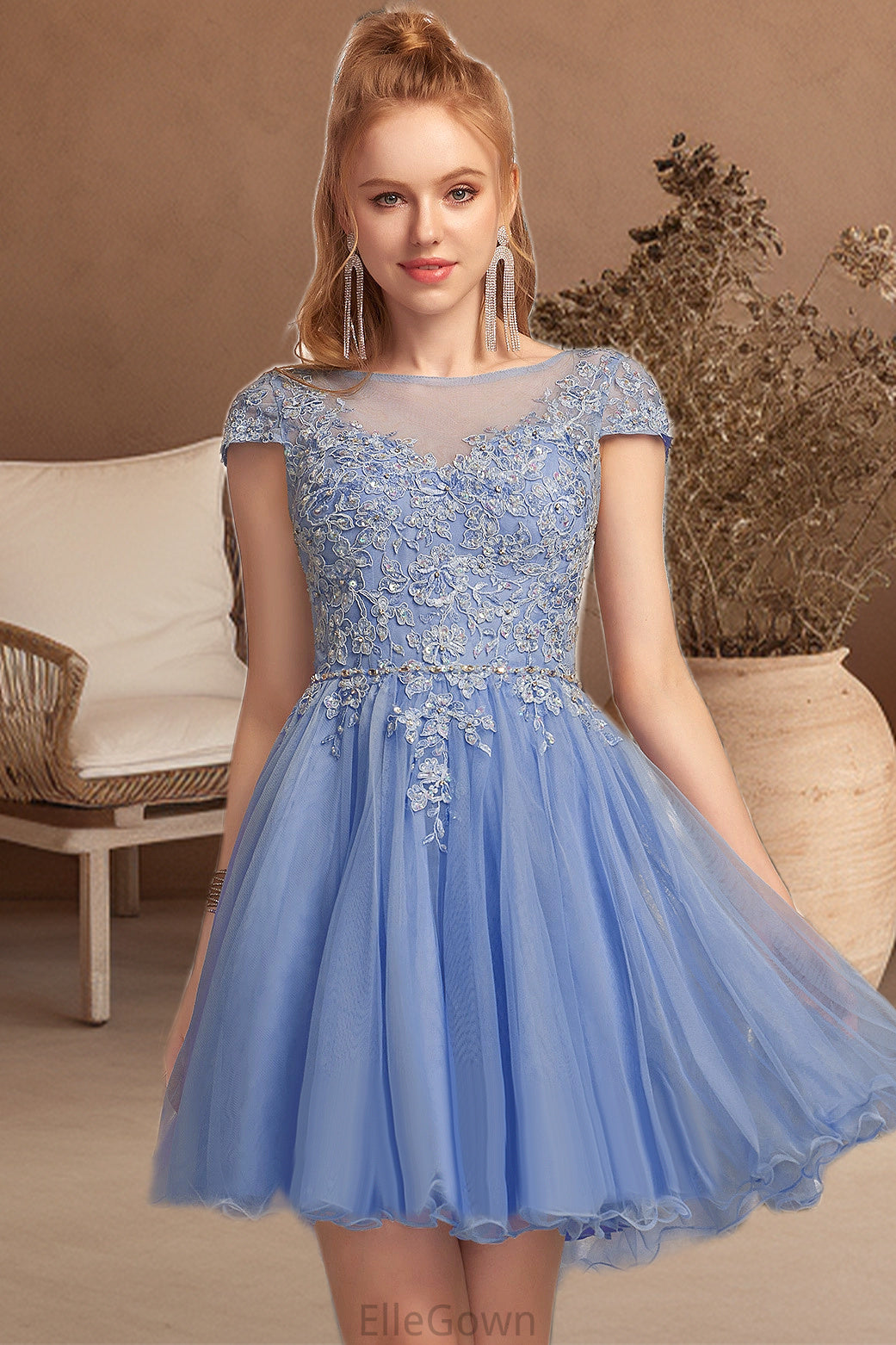 Yamilet A-line Scoop Short/Mini Tulle Homecoming Dress With Beading Appliques Lace DEP0020547