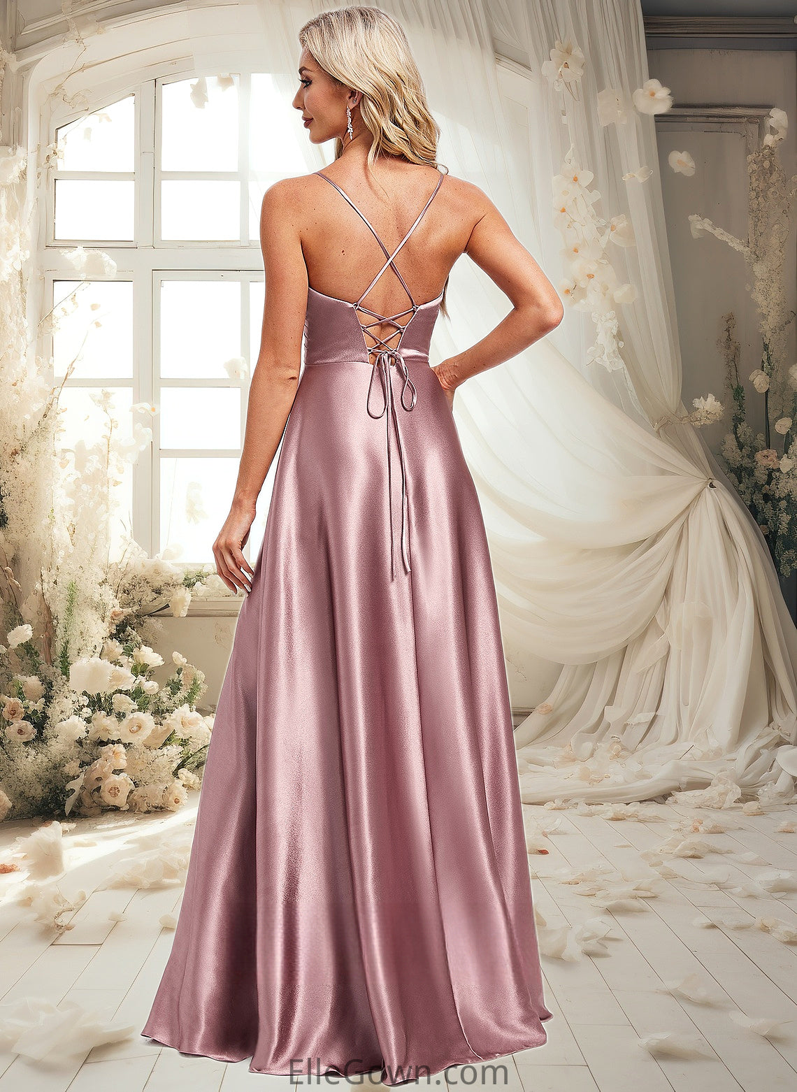 Arely A-line V-Neck Floor-Length Stretch Satin Bridesmaid Dress DEP0025822