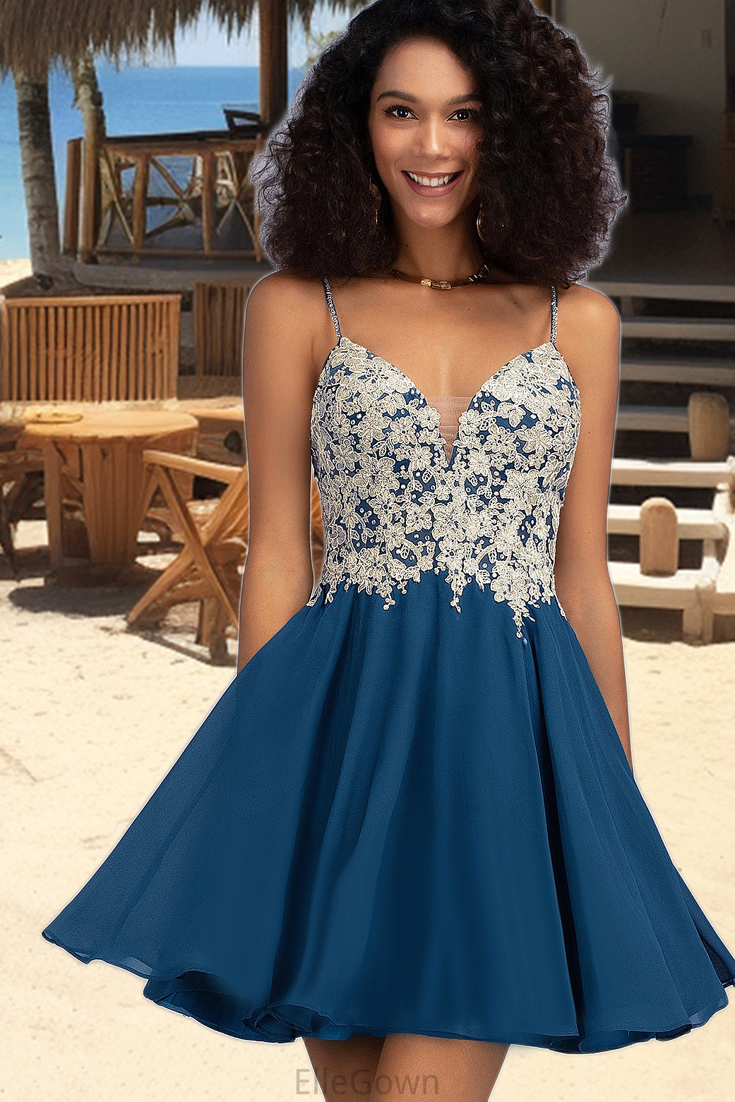 Kyra A-line V-Neck Short/Mini Chiffon Lace Homecoming Dress With Beading DEP0020572