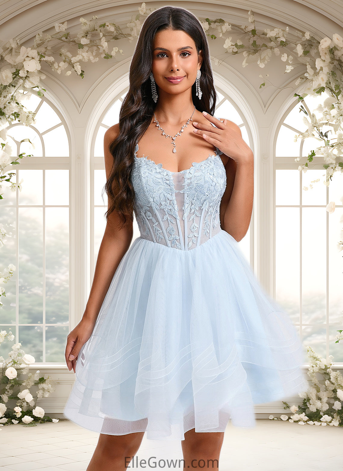 London Ball-Gown/Princess Scoop Short Tulle Homecoming Dress With Appliques Lace DEP0025659