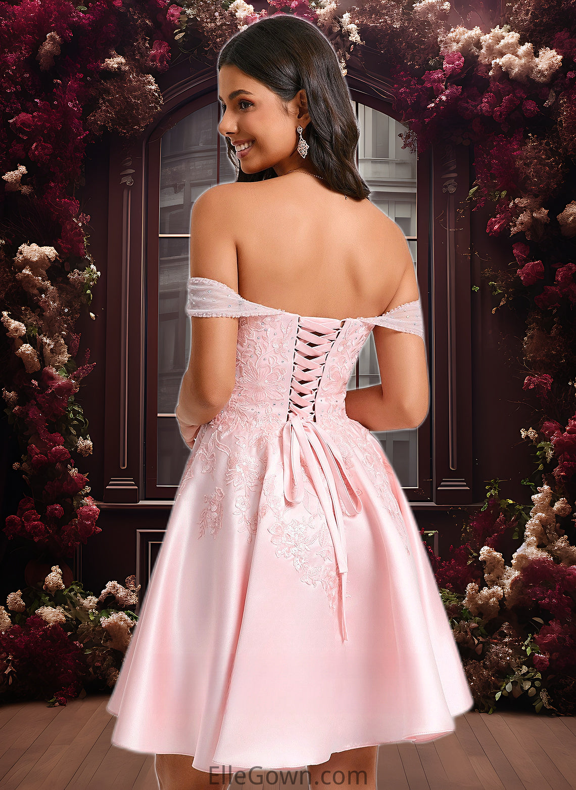 Ireland A-line Off the Shoulder Short Satin Homecoming Dress With Rhinestone Beading Appliques Lace DEP0025679