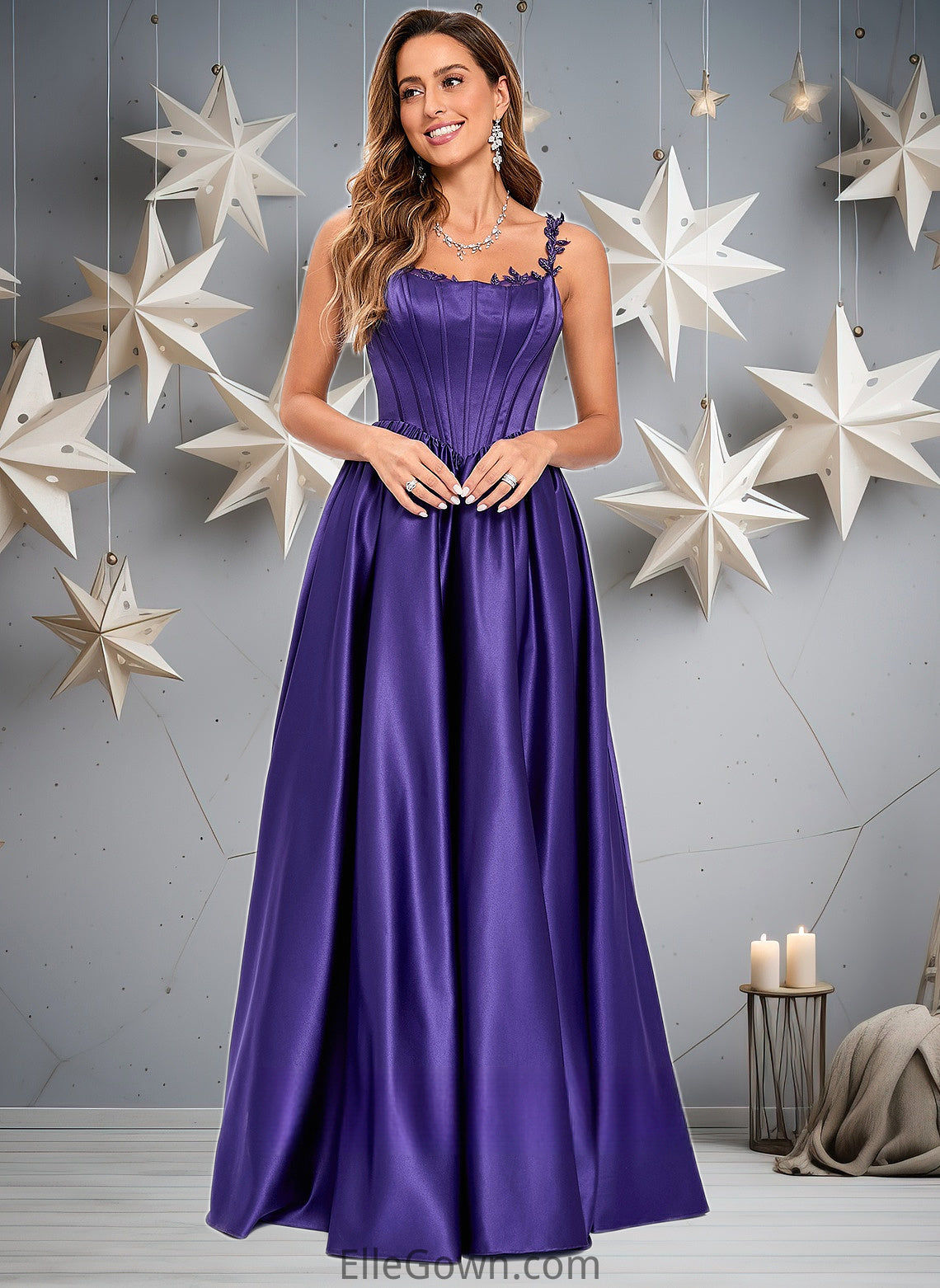 Brynlee Ball-Gown/Princess Scoop Floor-Length Satin Prom Dresses With Appliques Lace Beading DEP0025865