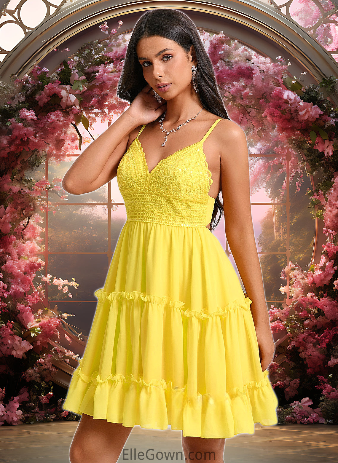 Presley A-line V-Neck Short Chiffon Homecoming Dress With Ruffle Sequins DEP0025700