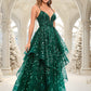 Finley Ball-Gown/Princess V-Neck Floor-Length Lace Floral Prom Dresses With Sequins DEP0025838