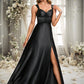 Alisson A-line V-Neck Floor-Length Stretch Satin Prom Dresses With Bow DEP0025882