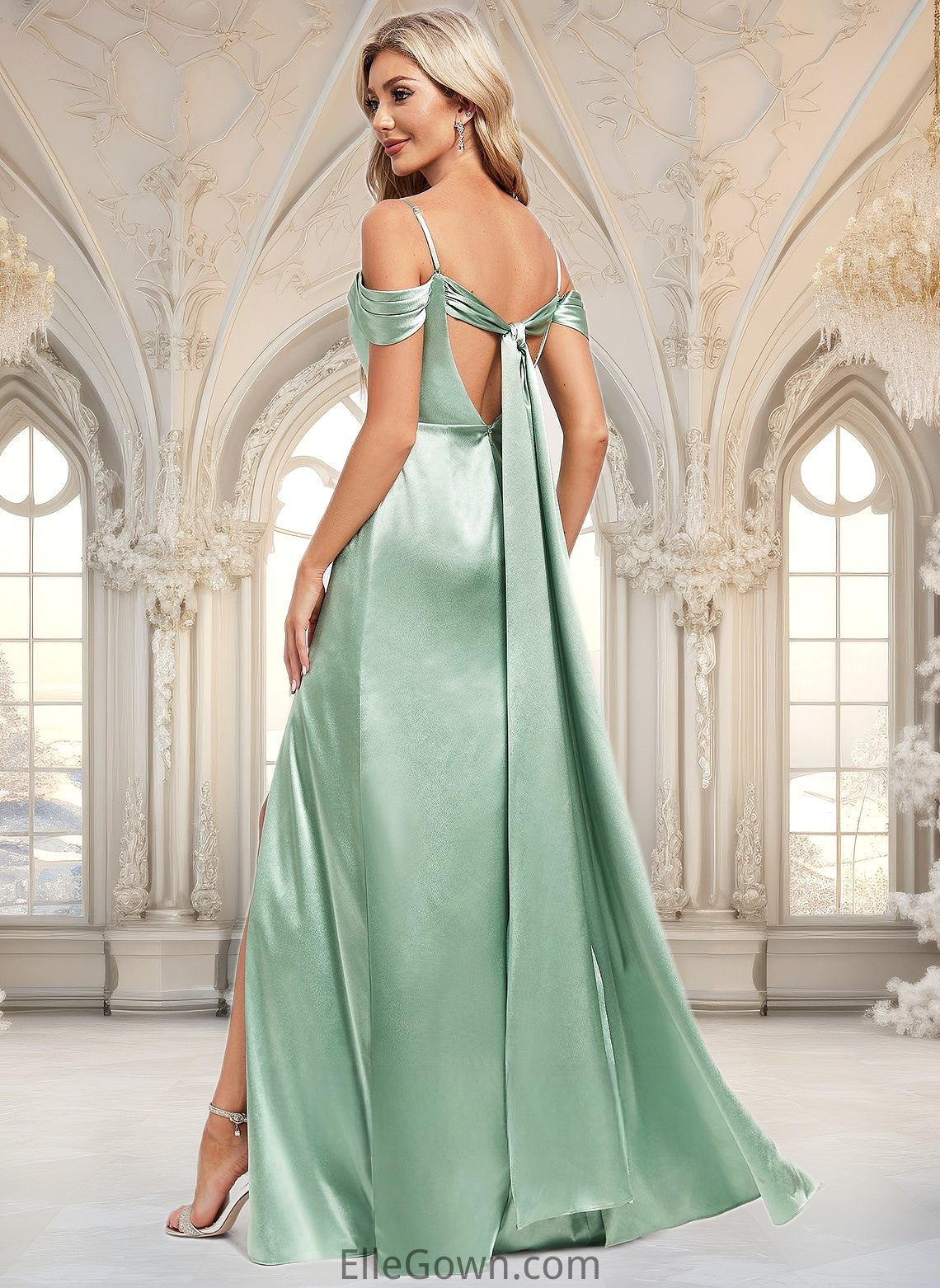 Daniela A-line Cowl Cold Shoulder Floor-Length Stretch Satin Bridesmaid Dress With Bow Ruffle DEP0025807