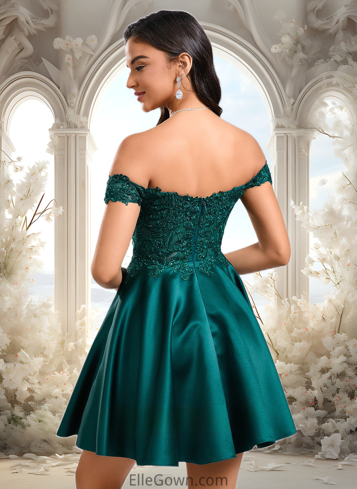 Kenya A-line Off the Shoulder Short Lace Satin Homecoming Dress With Rhinestone DEP0025718