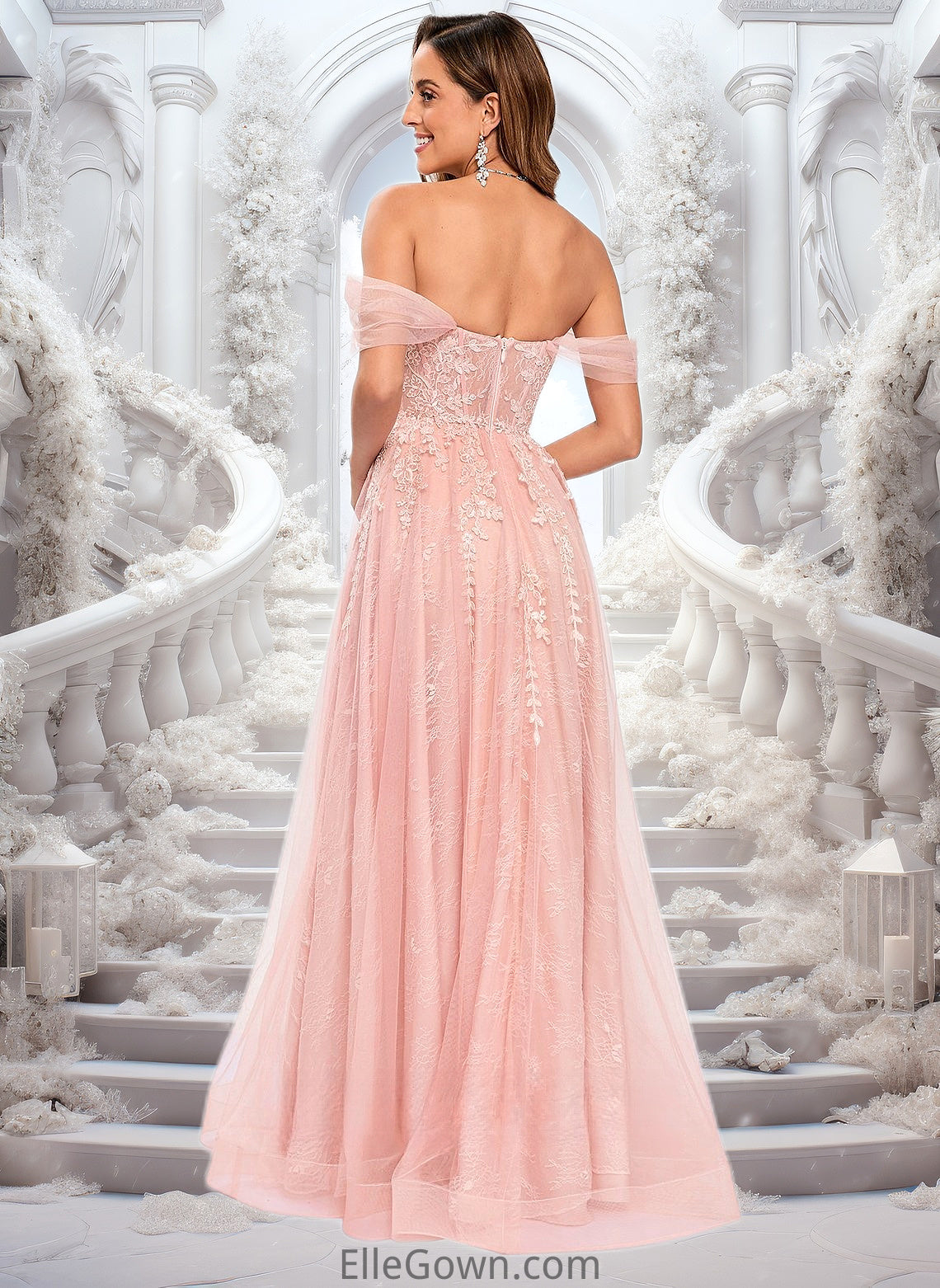 Dalia A-line Sweetheart Off the Shoulder Floor-Length Tulle Floral Lace Prom Dresses With Appliques Lace DEP0025870