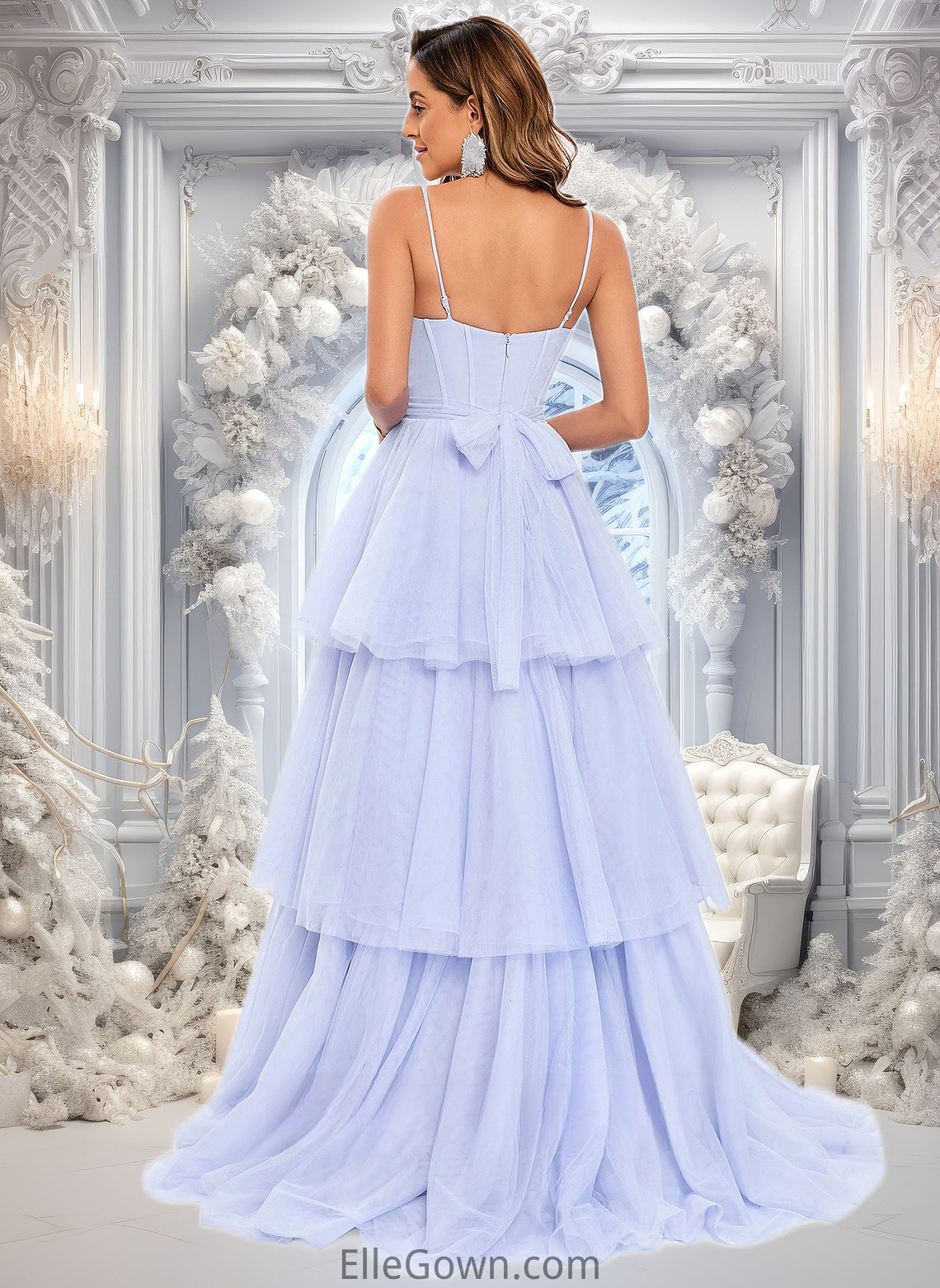 Akira Ball-Gown/Princess Sweetheart Sweep Train Tulle Prom Dresses With Bow DEP0025843