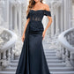 Stephanie Trumpet/Mermaid Off the Shoulder Sweep Train Satin Prom Dresses With Sequins Appliques Lace DEP0025835