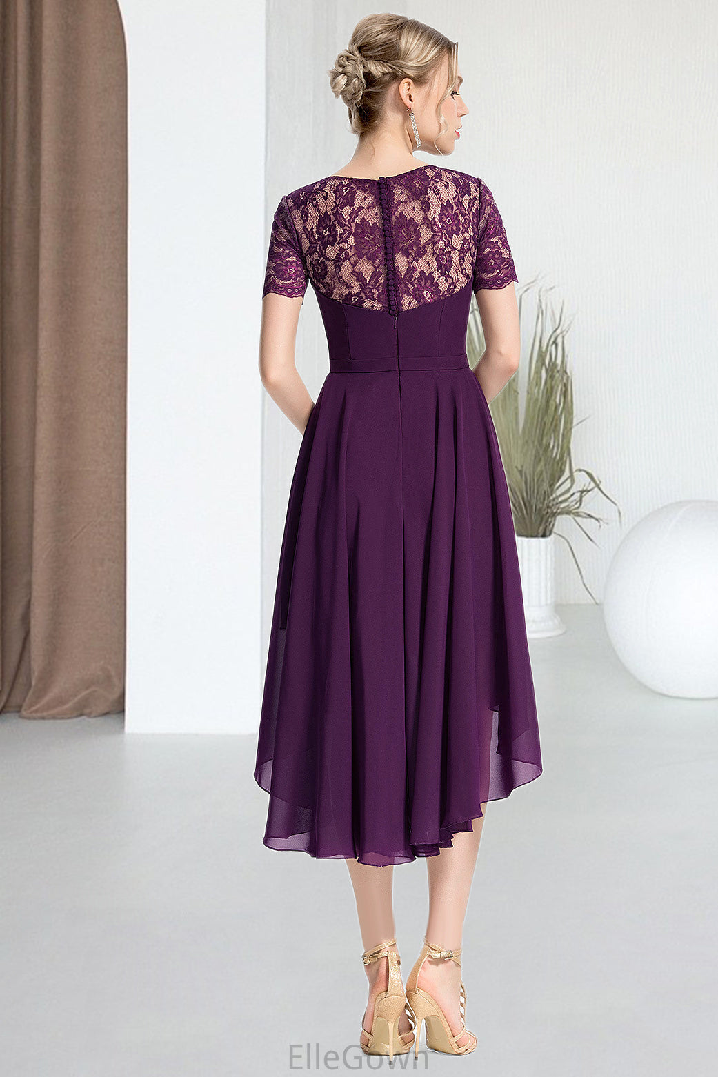 Hailie A-line Scoop Asymmetrical Chiffon Lace Homecoming Dress DEP0020587