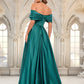 EmeryPiper A-line Off the Shoulder Floor-Length Satin Prom Dresses With Pleated DEP0025851