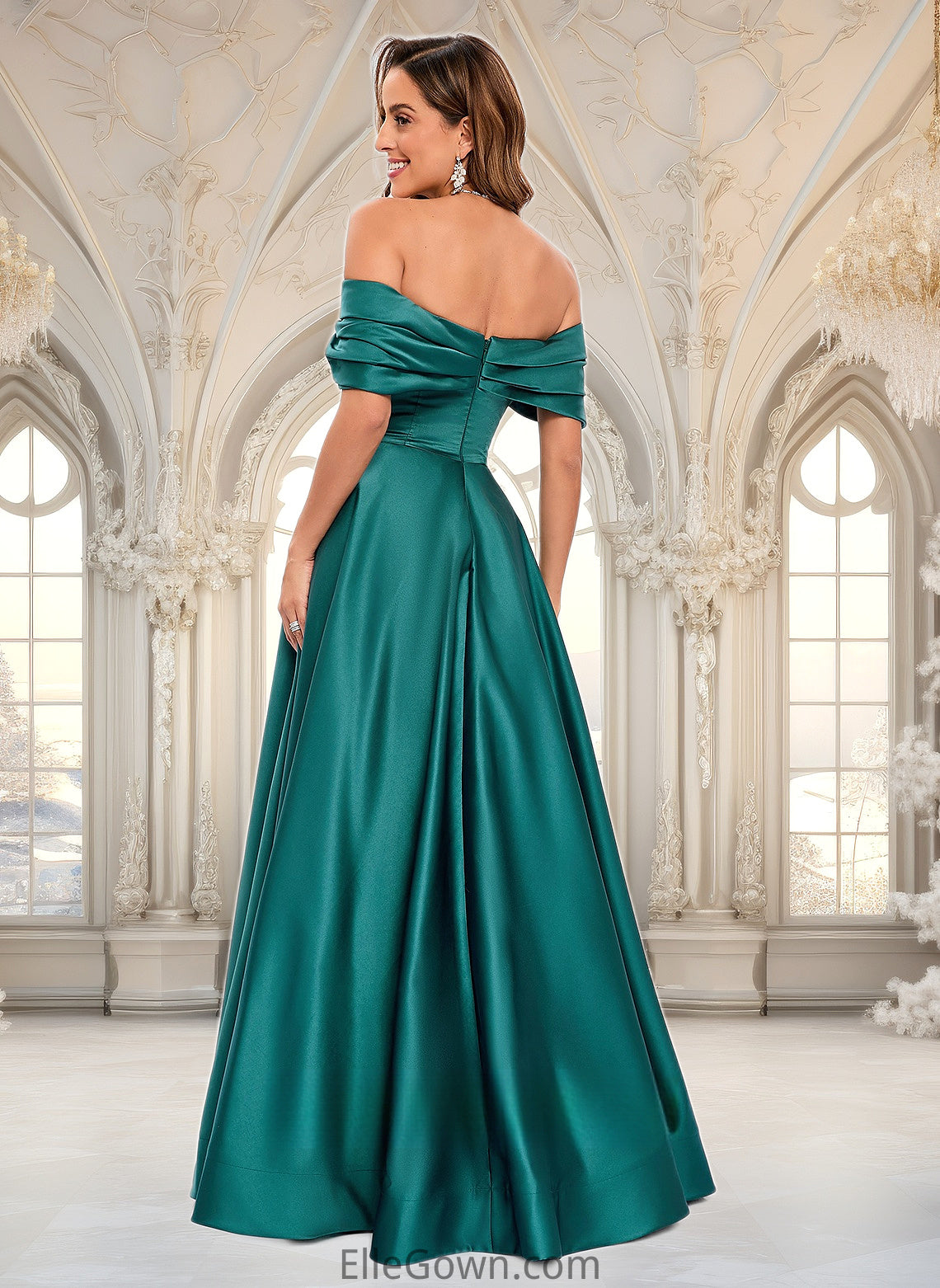 EmeryPiper A-line Off the Shoulder Floor-Length Satin Prom Dresses With Pleated DEP0025851