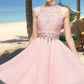 Paisley A-line High Neck Knee-Length Chiffon Lace Homecoming Dress With Beading Sequins DEP0020596