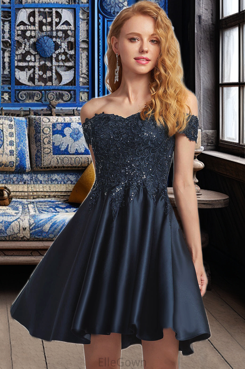 Marin A-line Off the Shoulder Short/Mini Satin Homecoming Dress DEP0020552