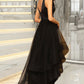 Savannah A-line V-Neck Asymmetrical Satin Tulle Homecoming Dress With Beading DEP0020533