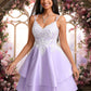 Anabel A-line V-Neck Short Satin Homecoming Dress With Appliques Lace DEP0025696