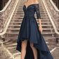 Carla A-line Off the Shoulder Asymmetrical Lace Satin Homecoming Dress With Sequins DEP0020580