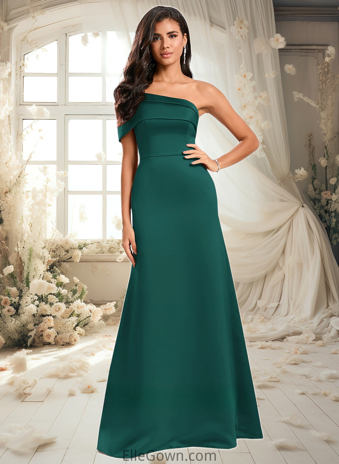 Lillian A-line Asymmetrical Off the Shoulder Floor-Length Satin Prom Dresses DEP0025884