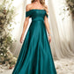 Ryleigh A-line Off the Shoulder Floor-Length Stretch Satin Prom Dresses DEP0025879