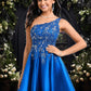 Tara A-line One Shoulder Short Satin Homecoming Dress With Appliques Lace Sequins DEP0025657