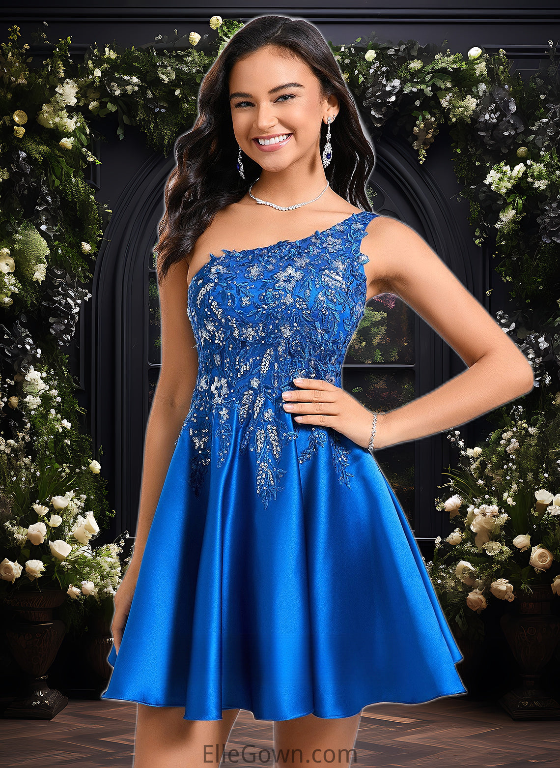 Tara A-line One Shoulder Short Satin Homecoming Dress With Appliques Lace Sequins DEP0025657