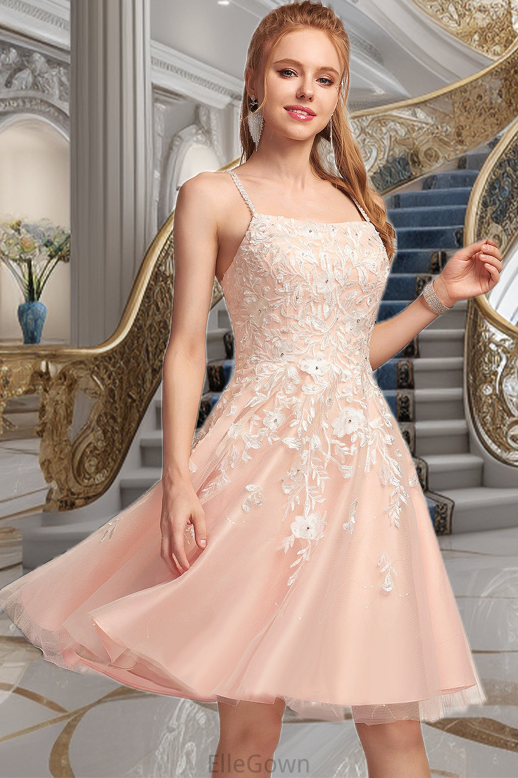 Helga A-line Square Knee-Length Tulle Homecoming Dress With Beading DEP0020543