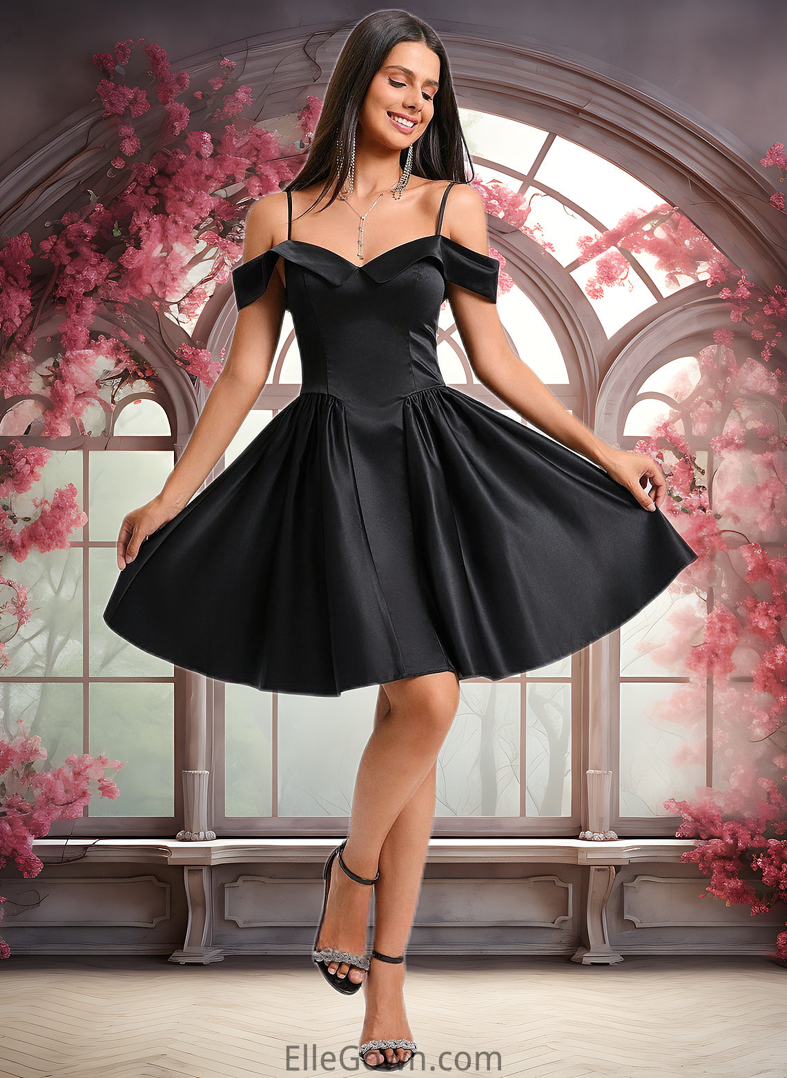 Briley A-line Off the Shoulder Short Satin Homecoming Dress DEP0025704